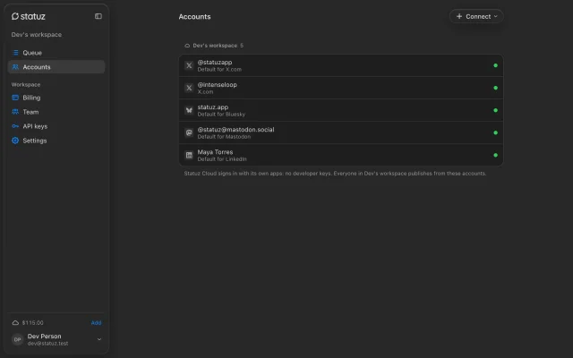 Five connected accounts across X, Bluesky, Mastodon and LinkedIn