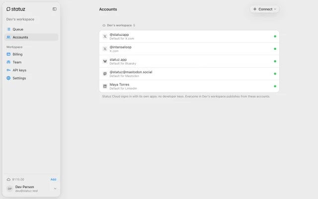 Five connected accounts across X, Bluesky, Mastodon and LinkedIn