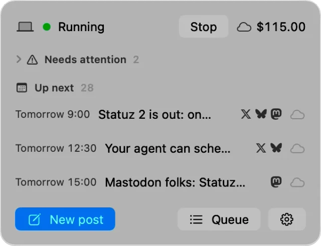 The Statuz menu bar popover: running, two posts need attention, the next three up