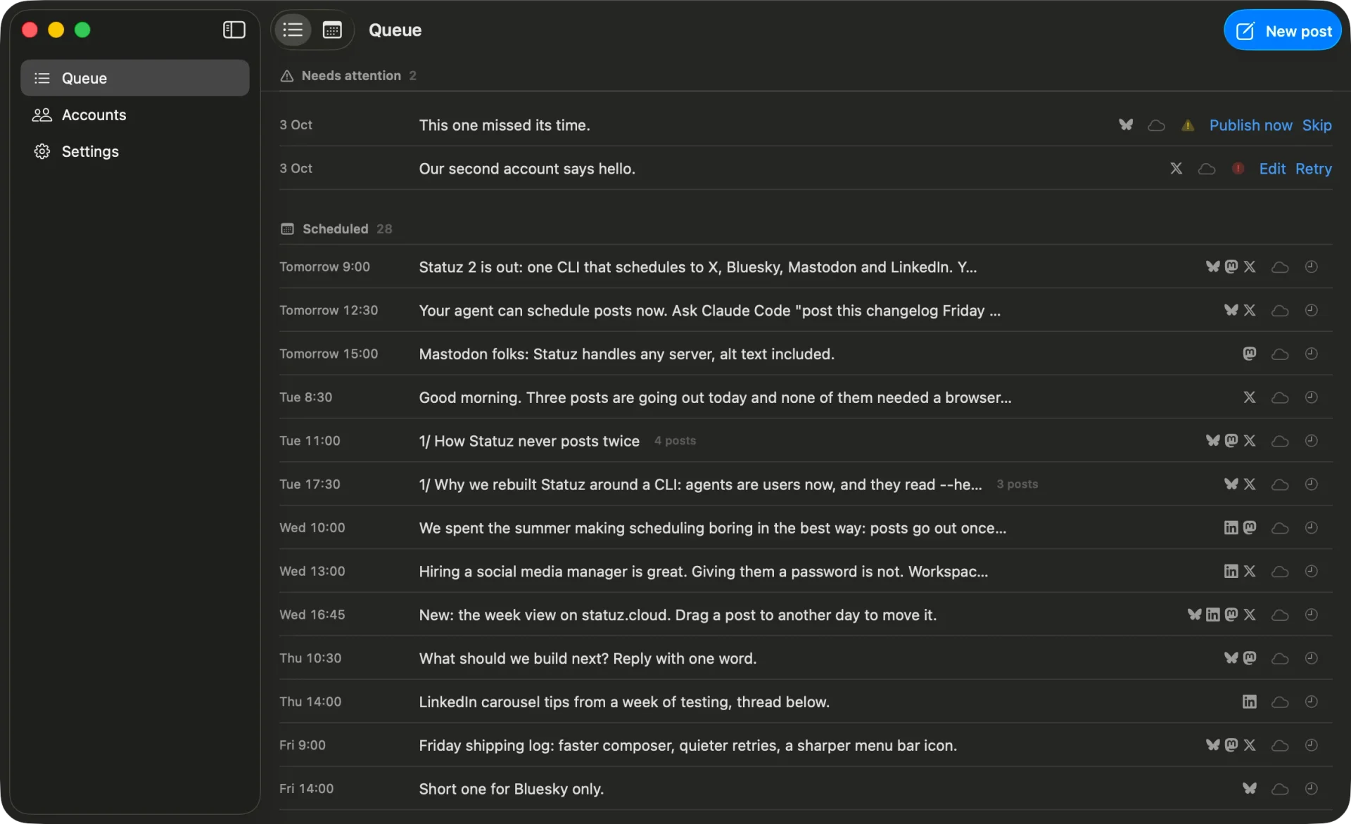 The Statuz queue on a Mac: what needs attention, then every scheduled post