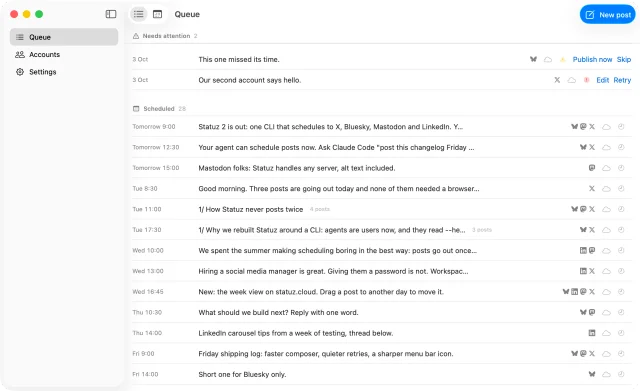 The Statuz queue on a Mac: what needs attention, then every scheduled post