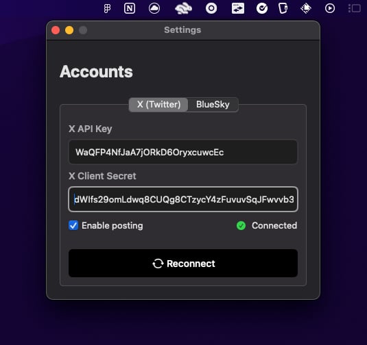 Screen where you can enter your X api key and client secret to connect your account